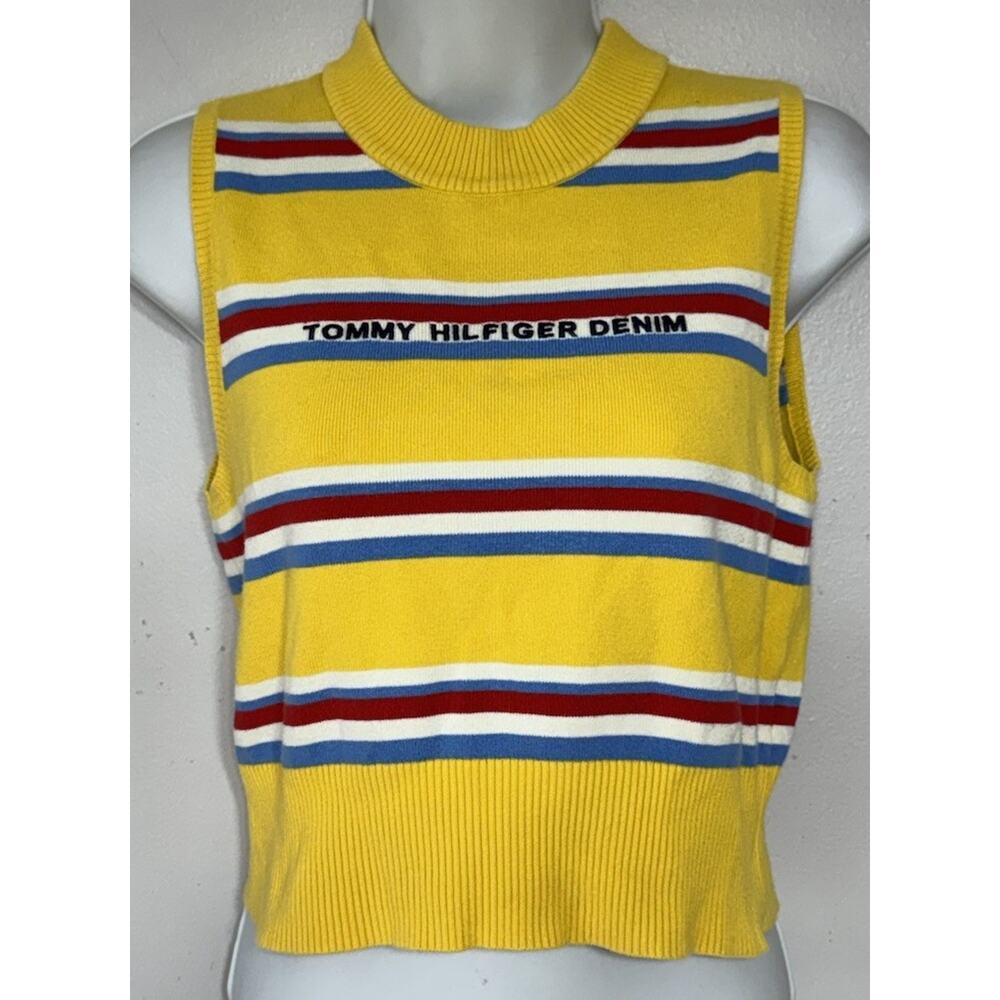 Tommy Hilfiger Y2K Yellow Knit Cropped Tank Striped Women’s Medium Spell Out
